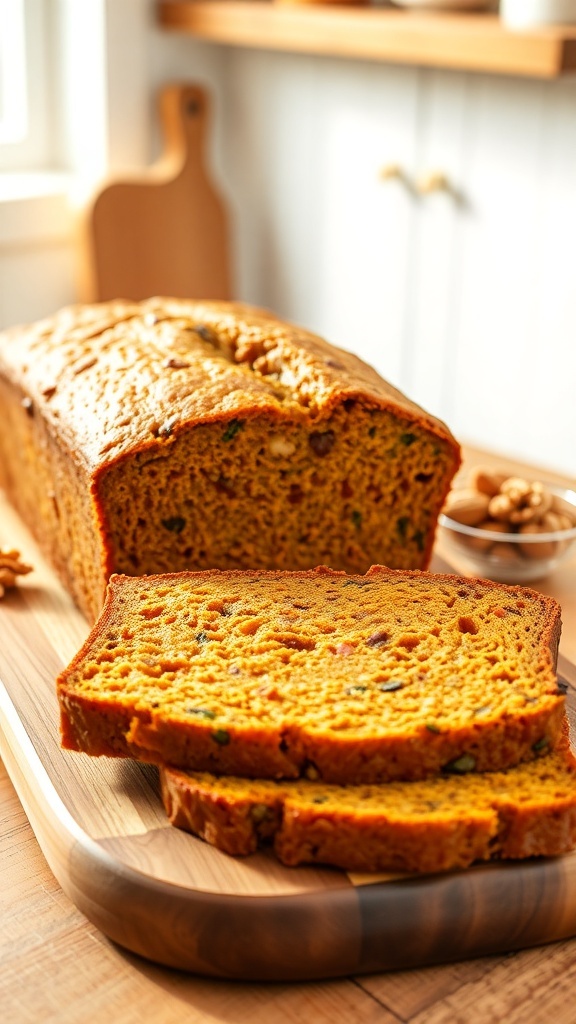 Sliced zucchini pumpkin bread on a wooden board, showcasing its moist texture and vibrant color.